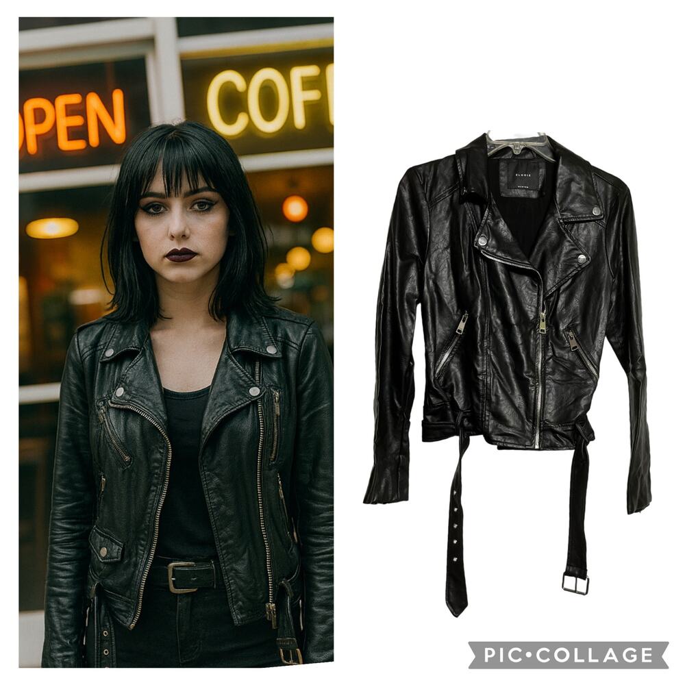 Elodie Black Vegan Leather Moto Biker Jacket‎ - Size Medium (2886)